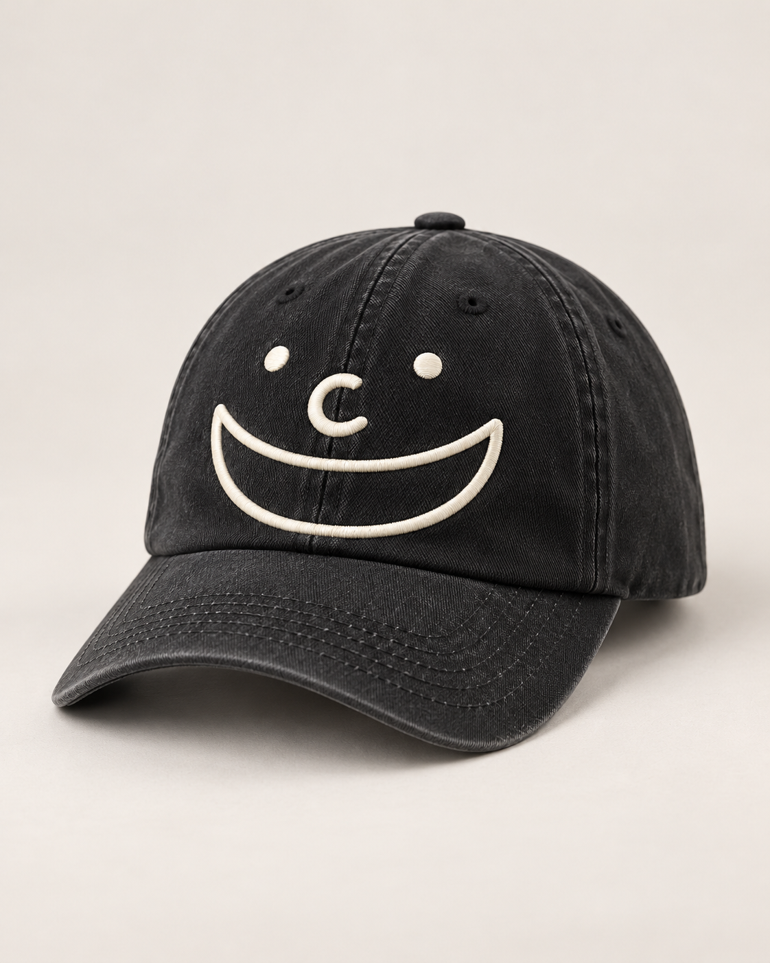 Single black baseball-cap concept with complete cream Grinbao face embroidery
