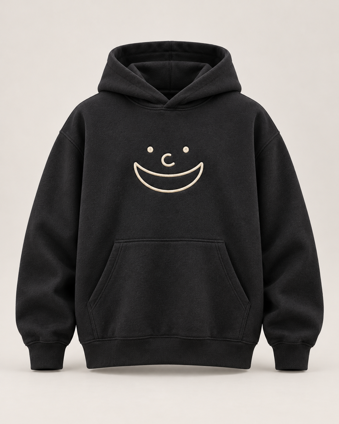 Single charcoal hoodie concept with complete cream Grinbao face embroidery