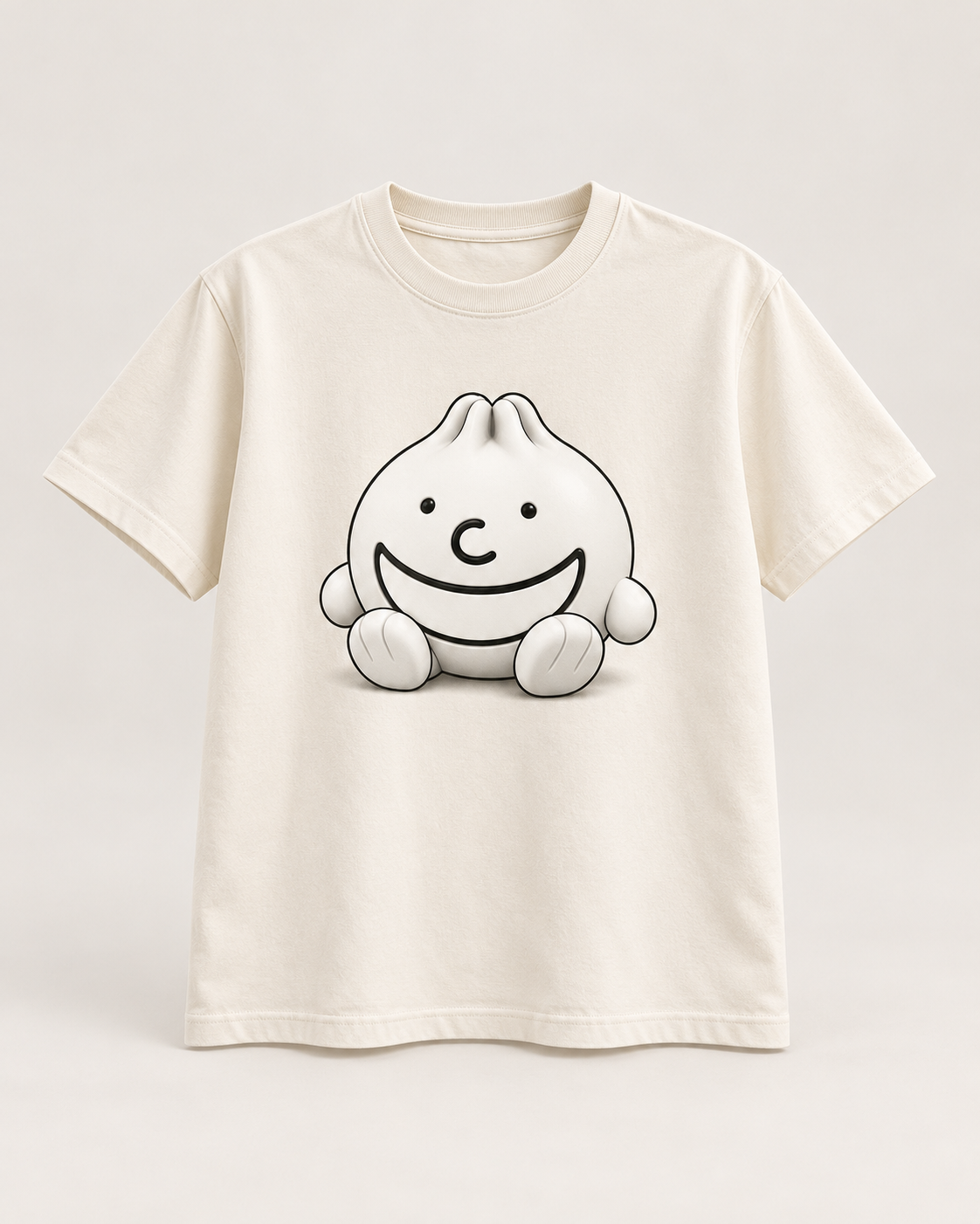 Single cream T-shirt concept with a complete white Grinbao character graphic