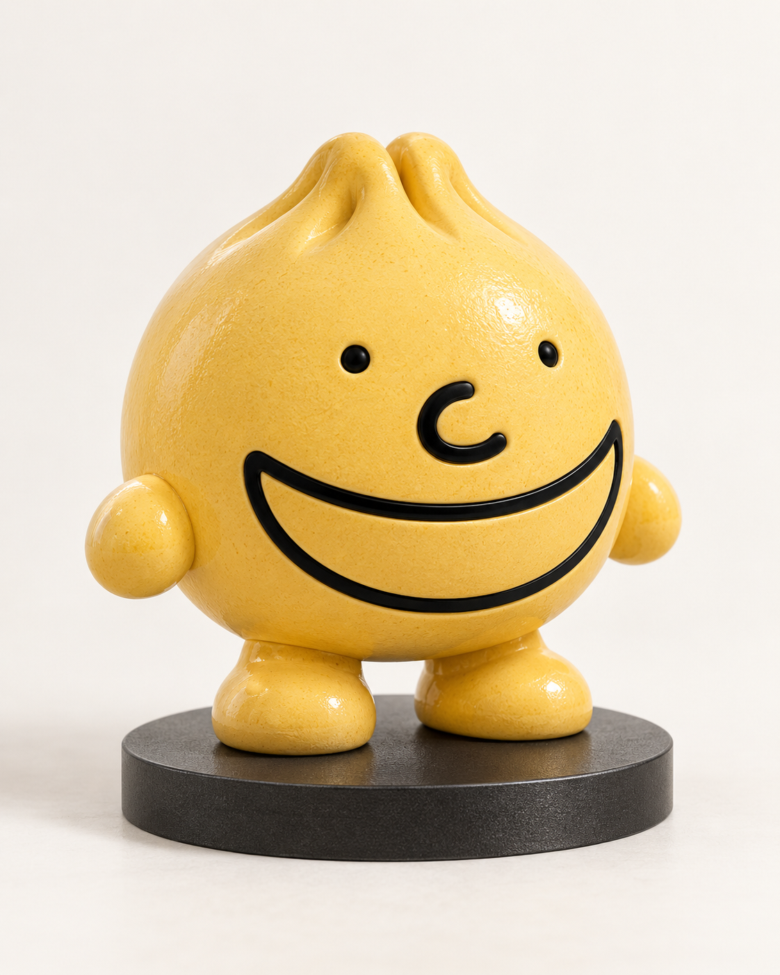 Glossy yellow Grinbao desk-figure concept on a black base