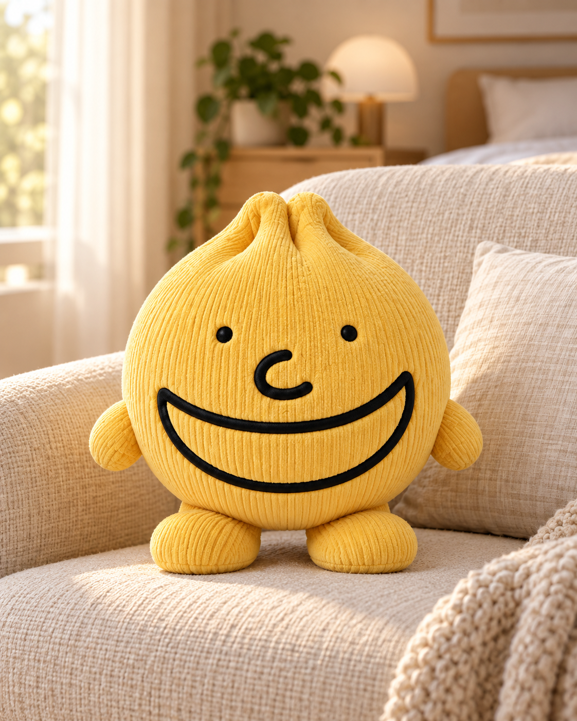 Yellow ribbed-texture Grinbao plush concept on a cream sofa