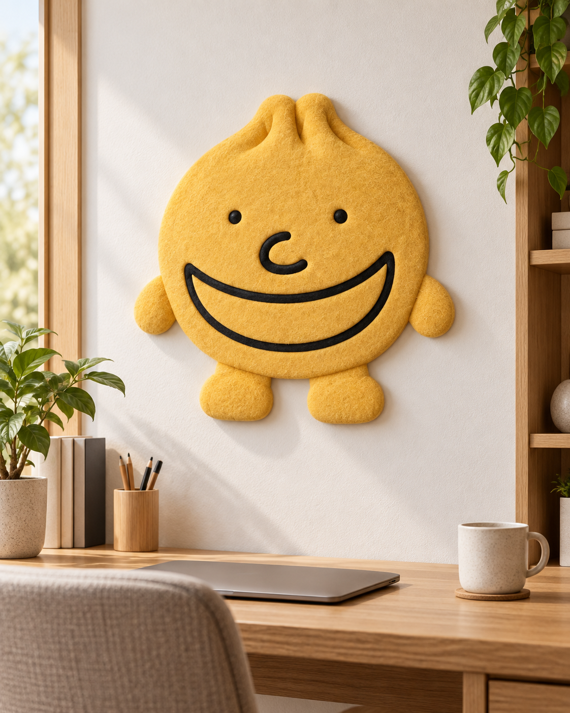 Grinbao character-shaped wall-art concept above a desk