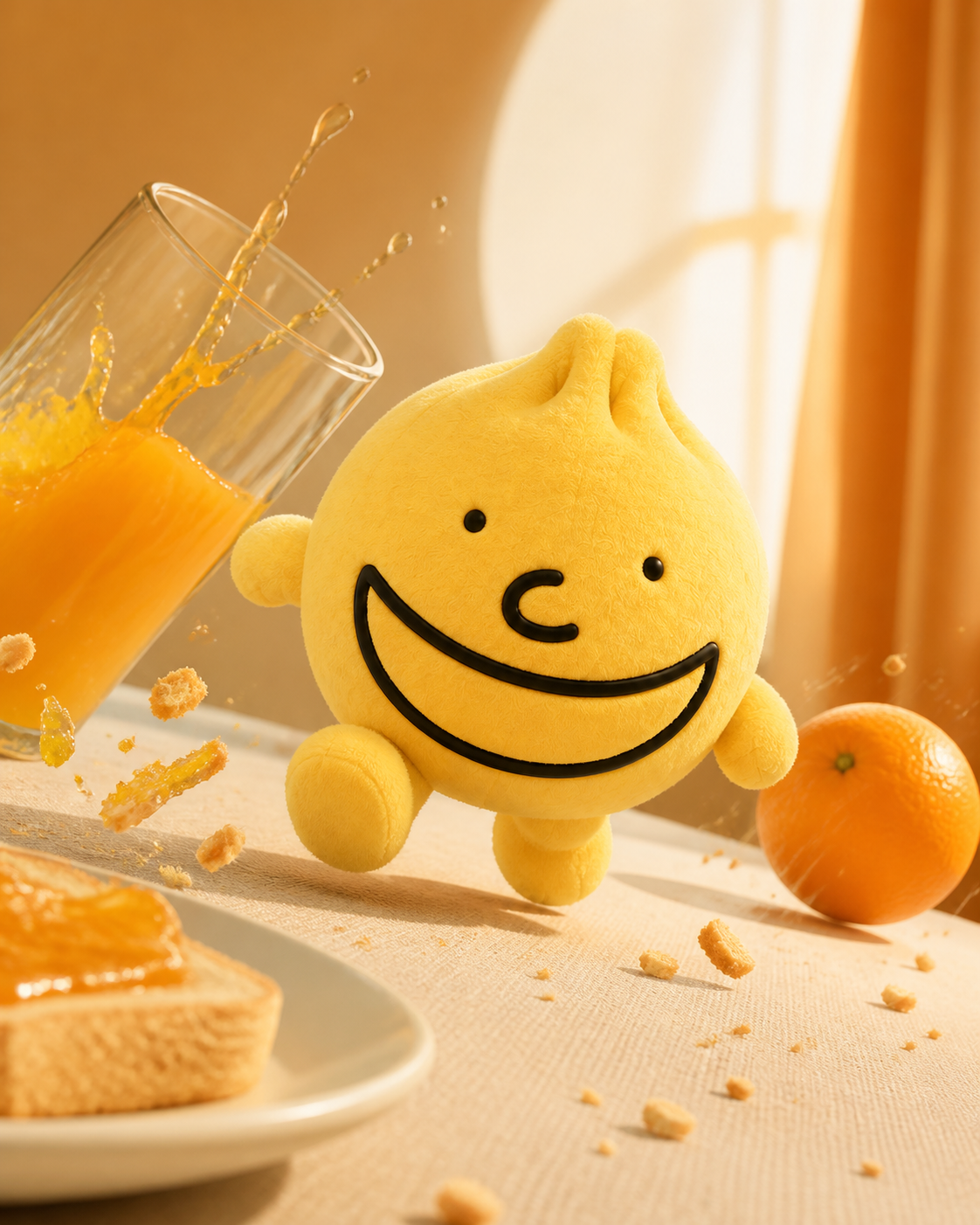 Grinbao runs across a breakfast table as orange juice spills