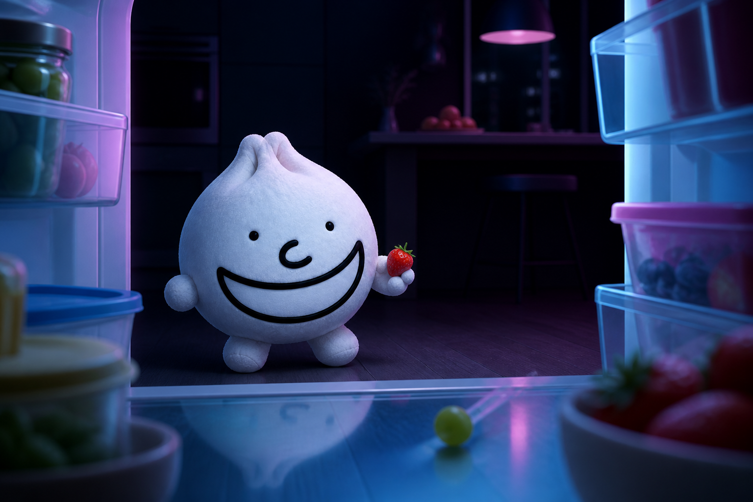Grinbao sneaks a midnight strawberry from the refrigerator