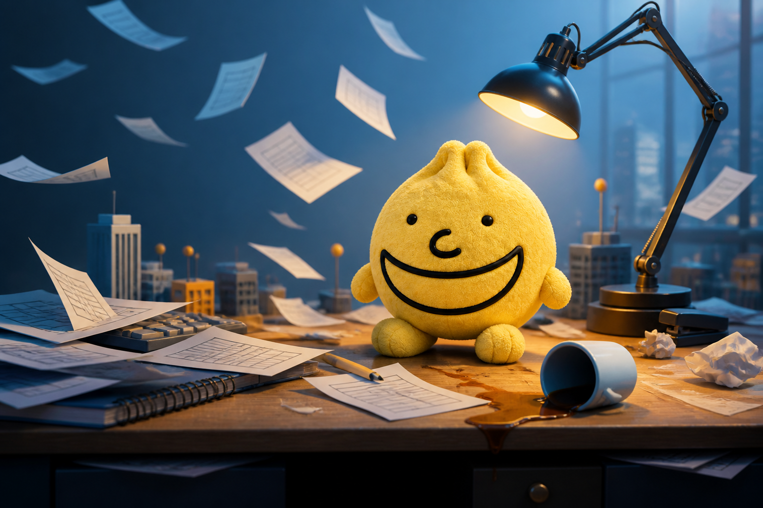 Grinbao at a chaotic office desk